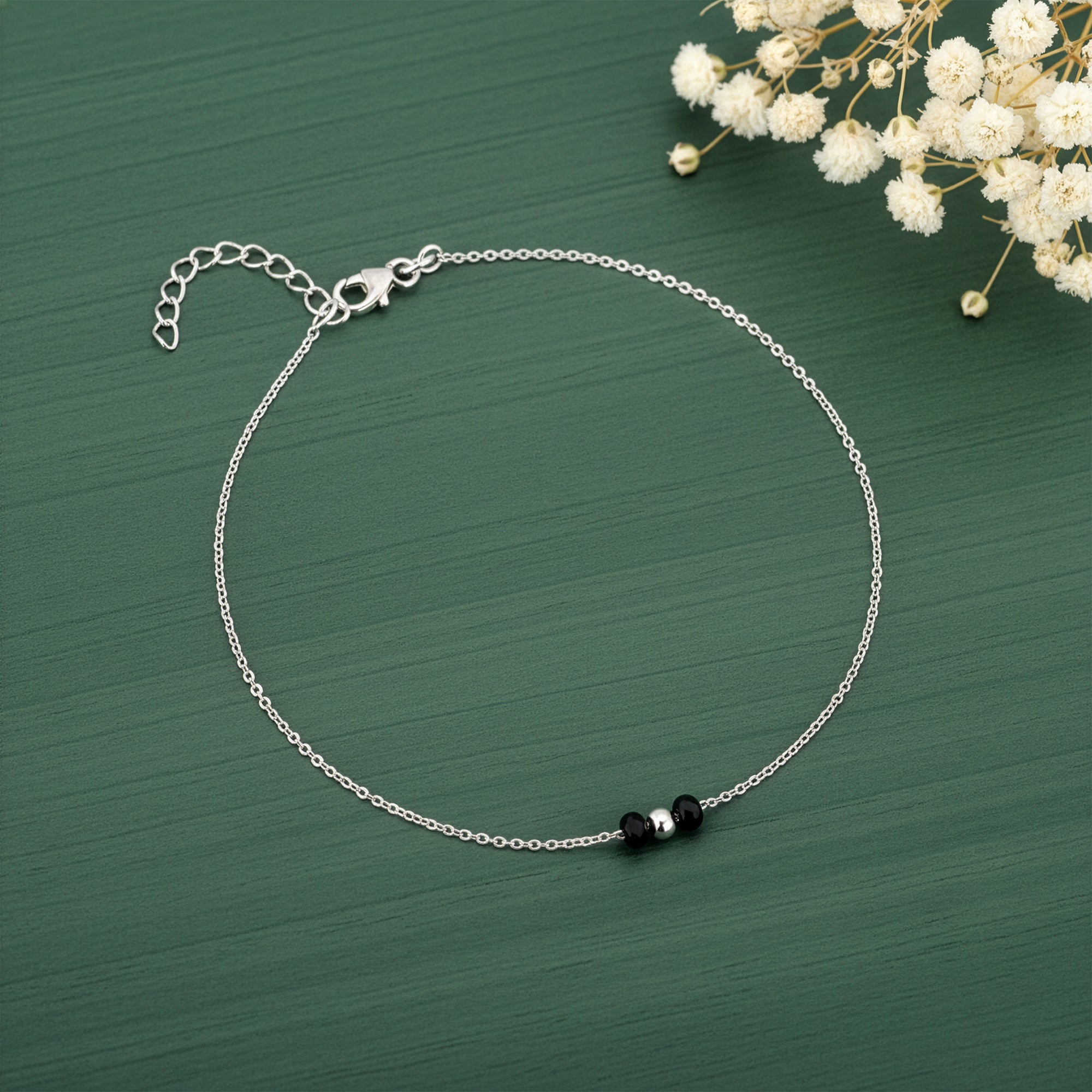 Silver Minimal Black Beads Anklet