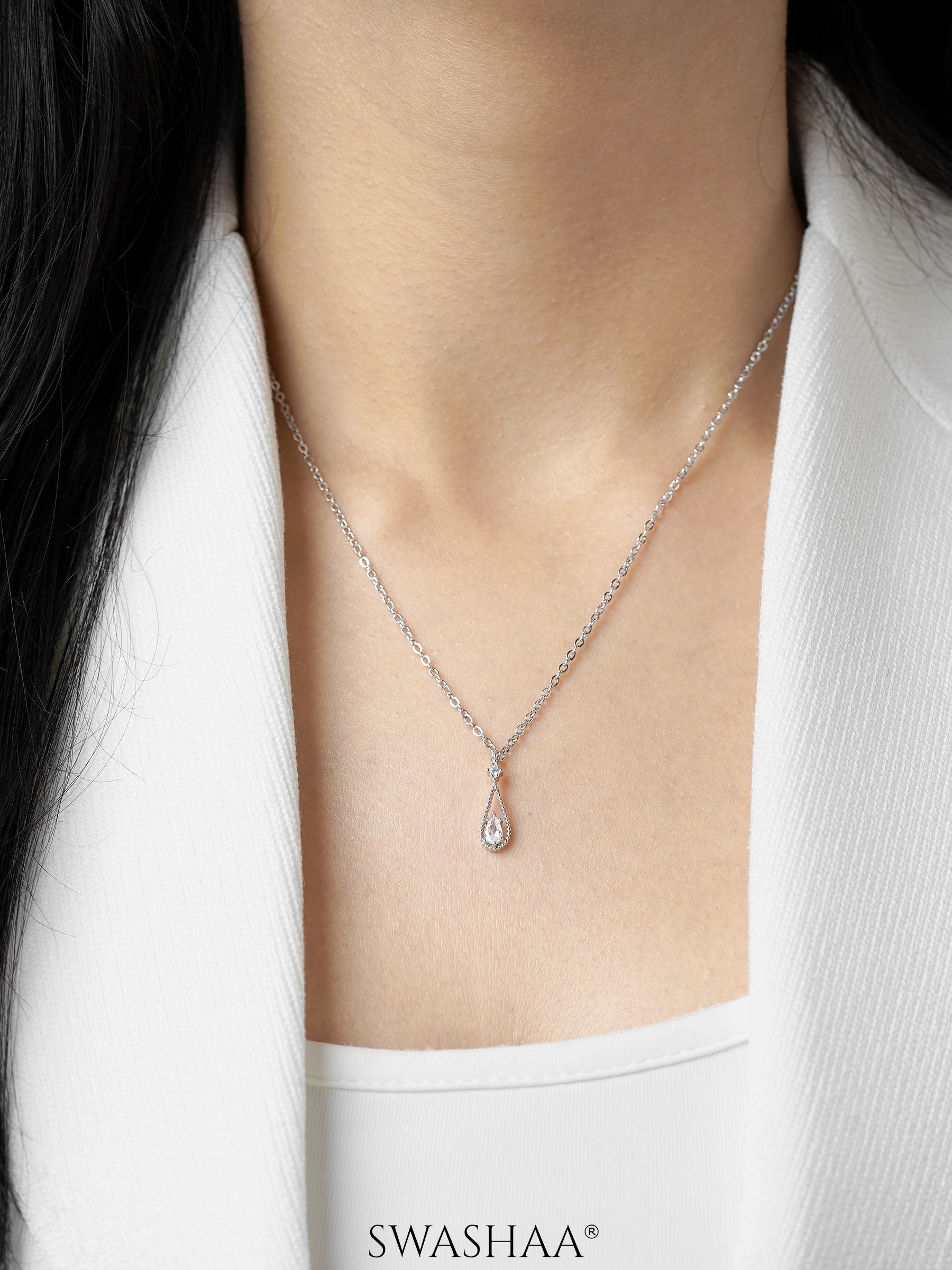 Abeera Teardrop Charm Silver Chain Necklace
