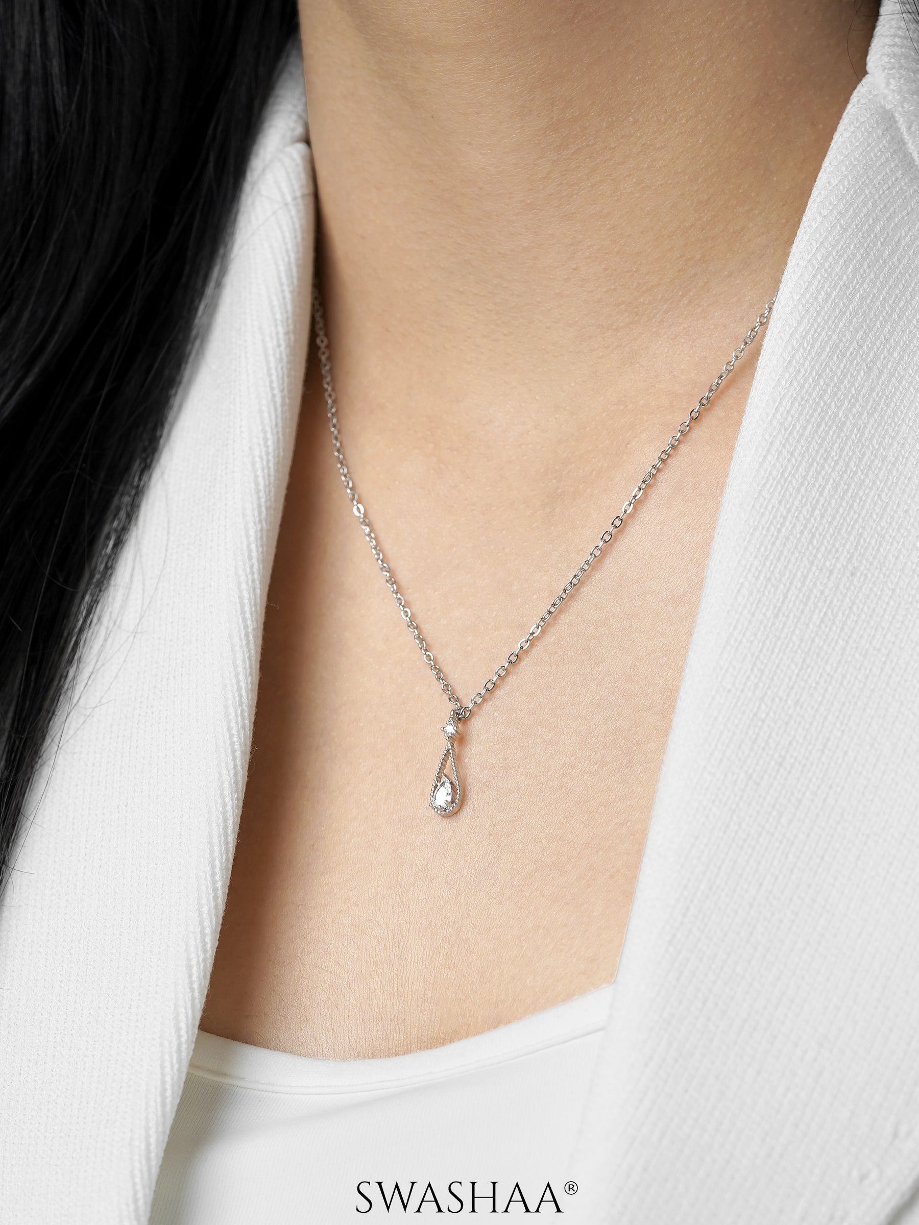 Abeera Teardrop Charm Silver Chain Necklace