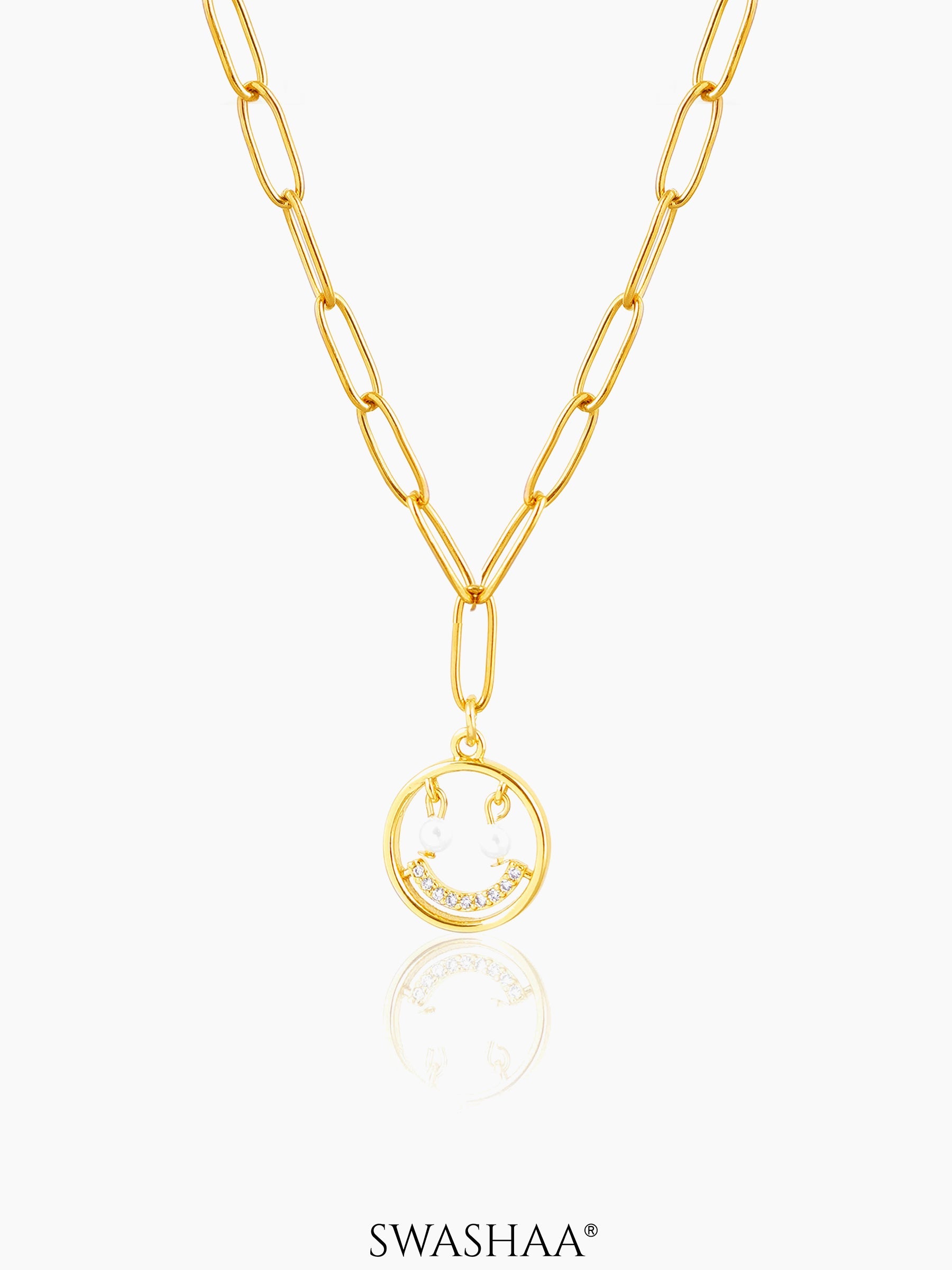 Abra Diamond Smirk Charm Link Chain 18K Gold Plated Chain Pendant Necklace