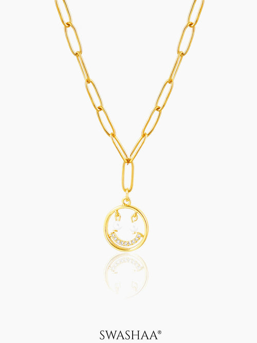 Abra Diamond Smirk Charm Link Chain 18K Gold Plated Chain Pendant Necklace