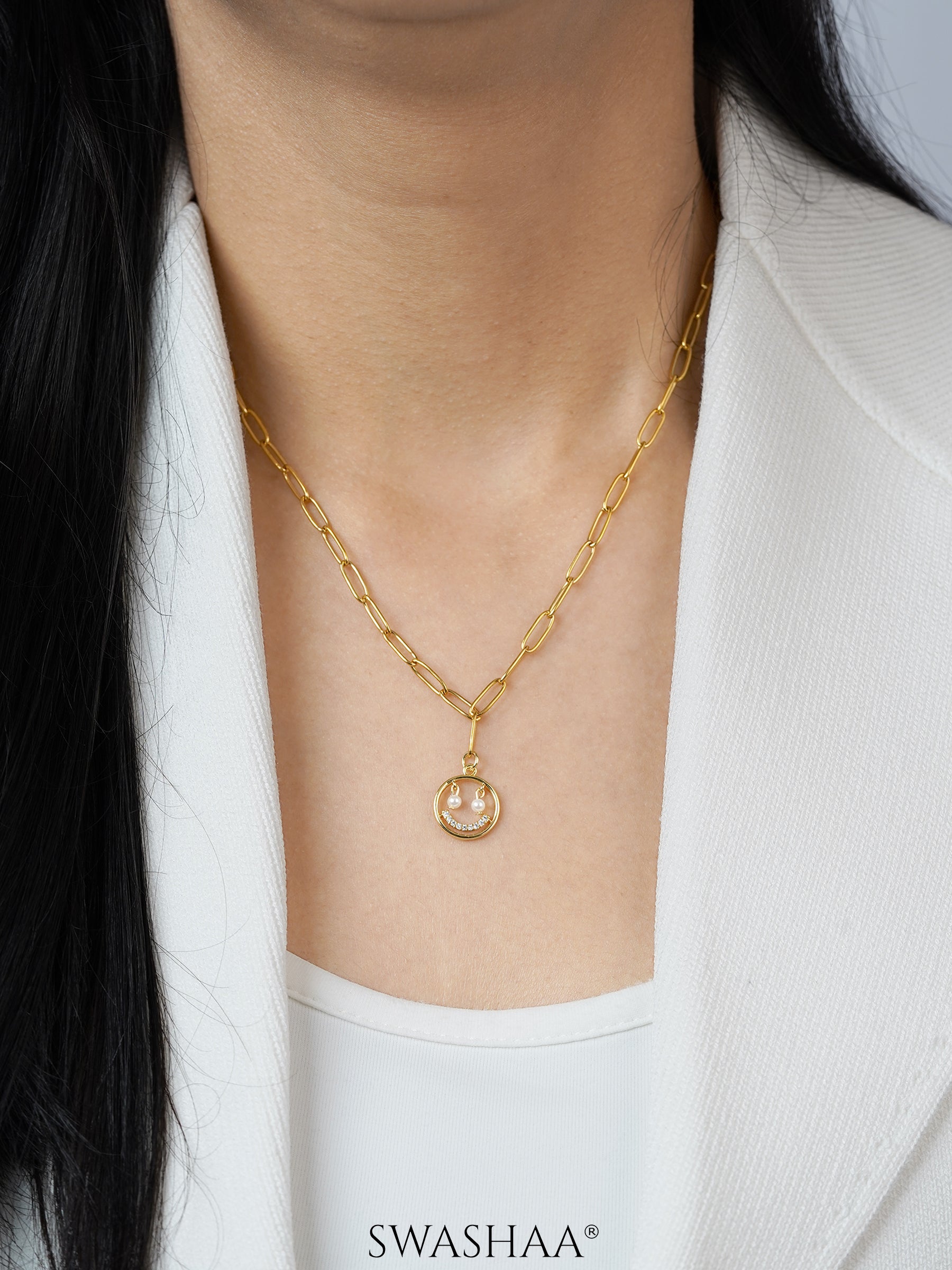 Abra Diamond Smirk Charm Link Chain 18K Gold Plated Chain Pendant Necklace