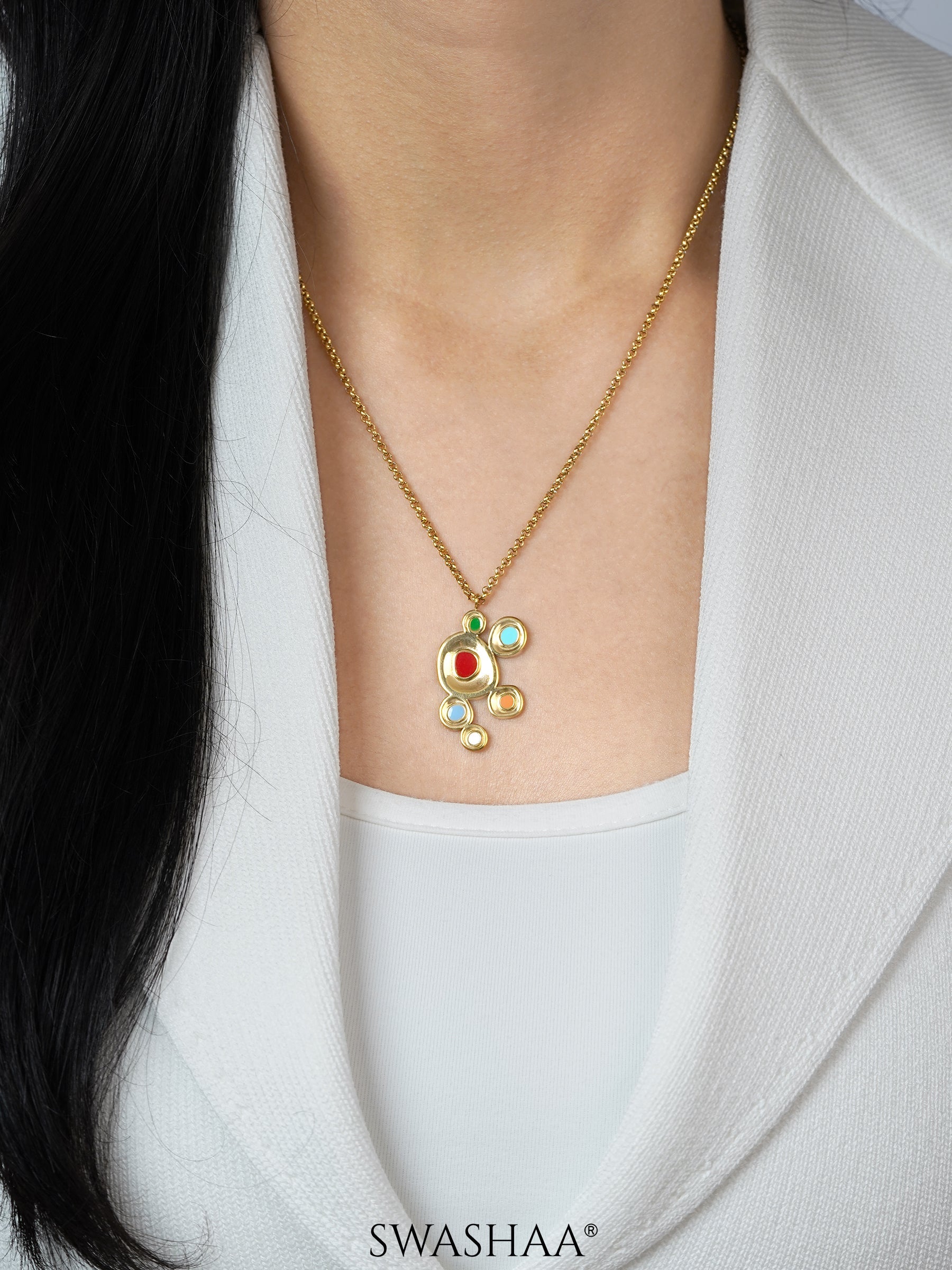 Antonia Red Green Blue Dots Charm 18K Gold Plated Chain Pendant Necklace