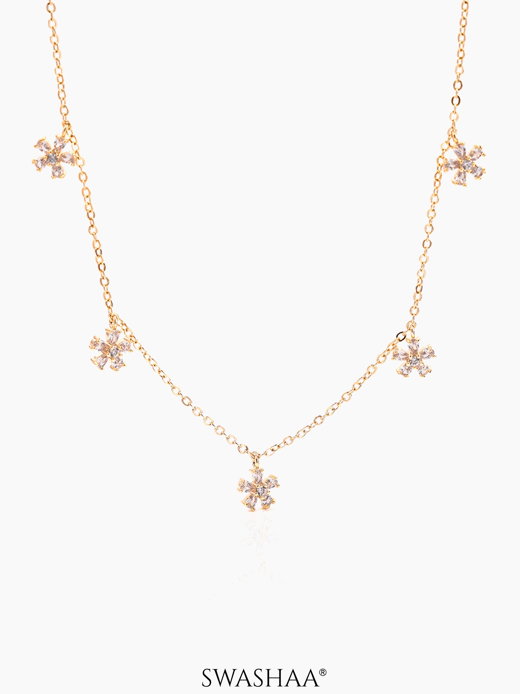 Blossomy Diamond Floral Flower Charms 14K Gold Plated Choker Necklace