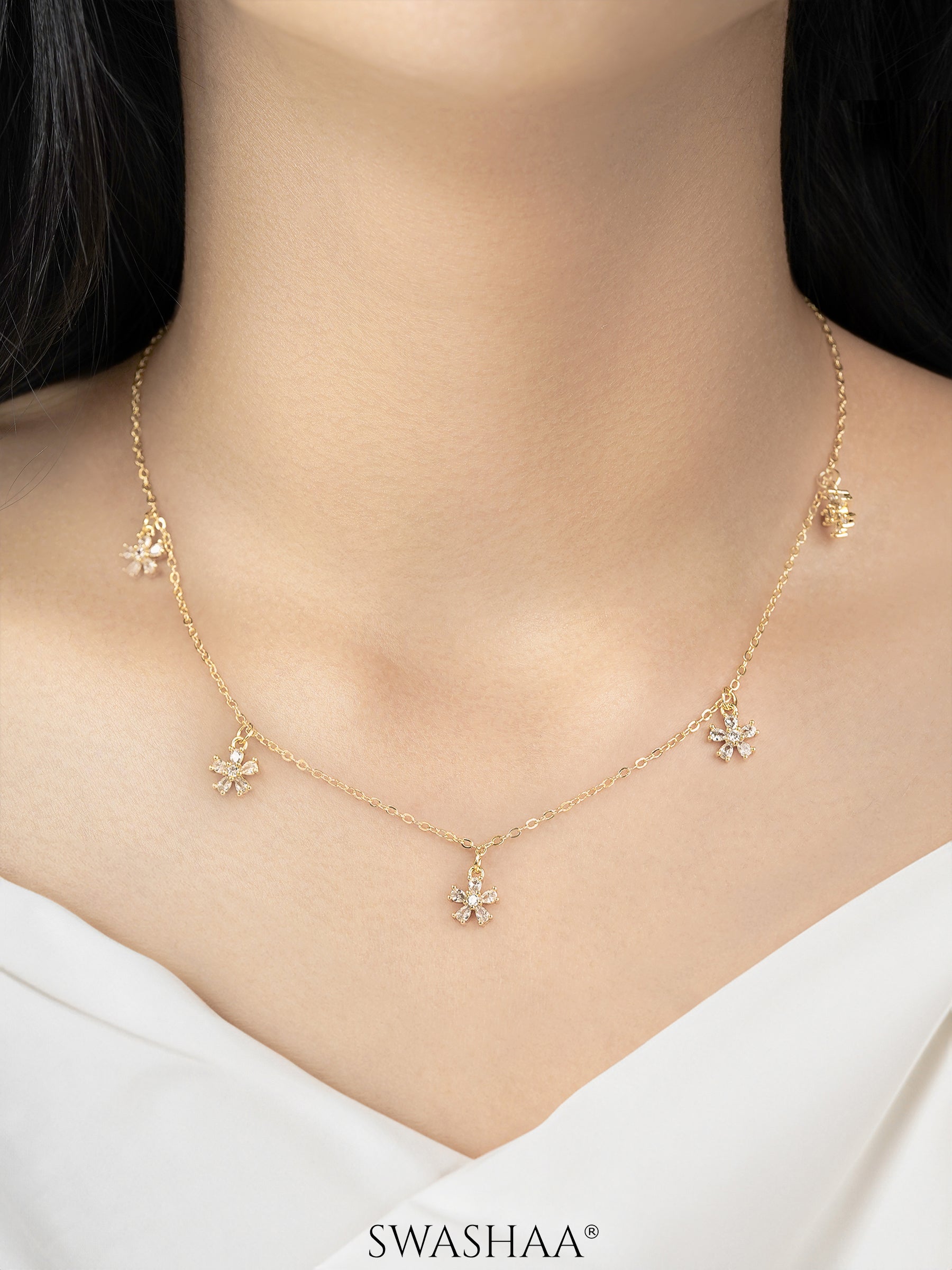 Blossomy Diamond Floral Flower Charms 14K Gold Plated Choker 