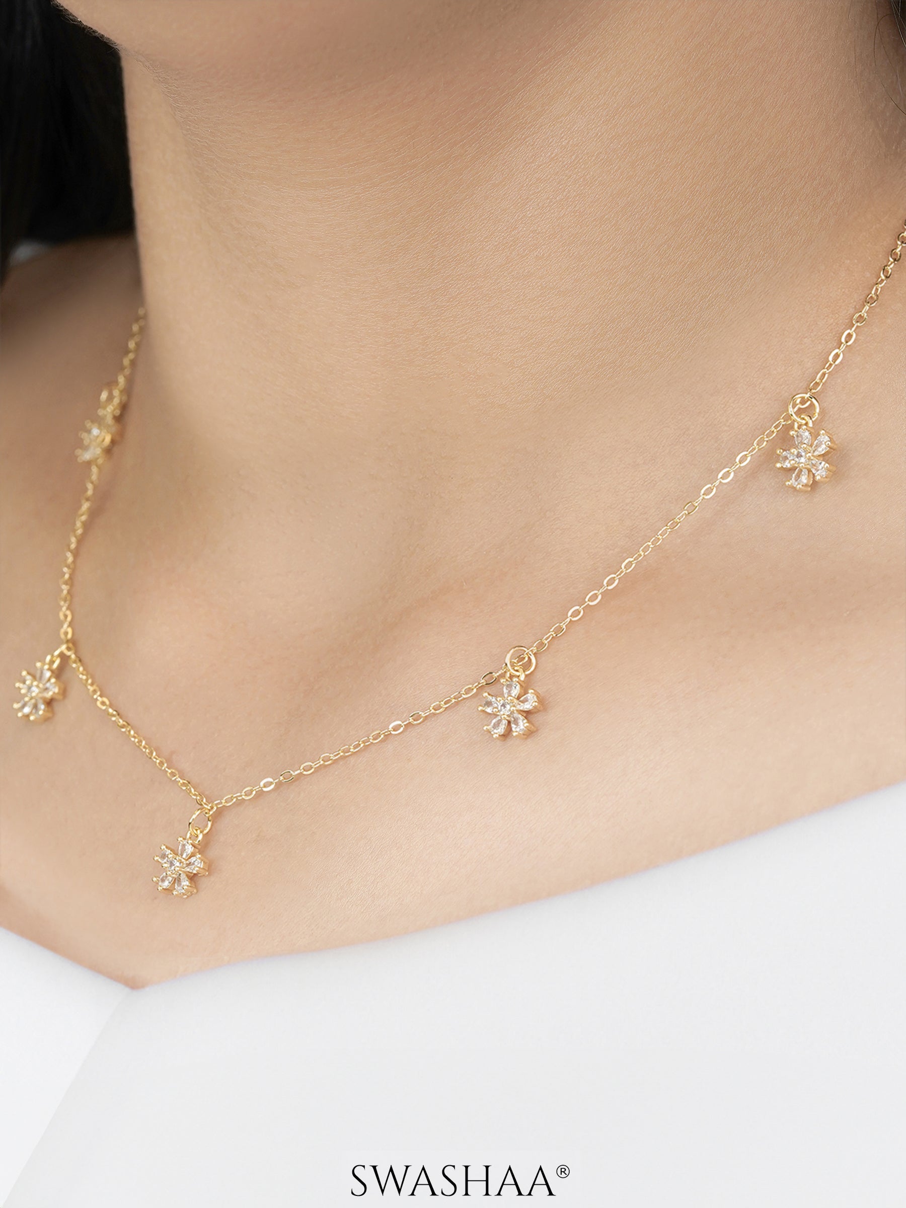 Blossomy Diamond Floral Flower Charms 14K Gold Plated Choker 