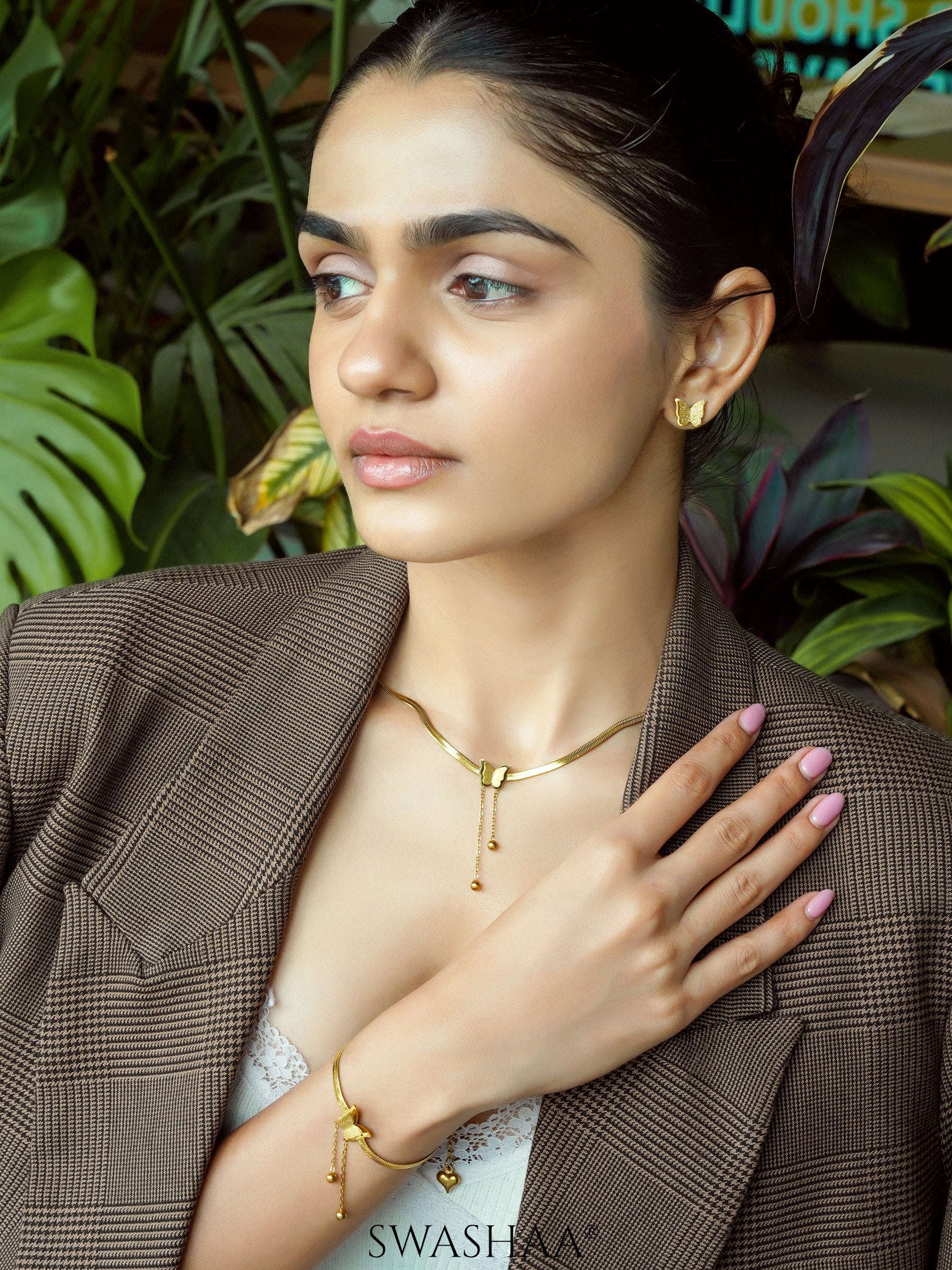 Butterfly 18K Gold Plated Women's Stud Earrings, Butterfly Snake Chain 18K Gold Plated Necklace, Butterfly Snake Charm 18K Gold Plated Loose Chain Bracelet