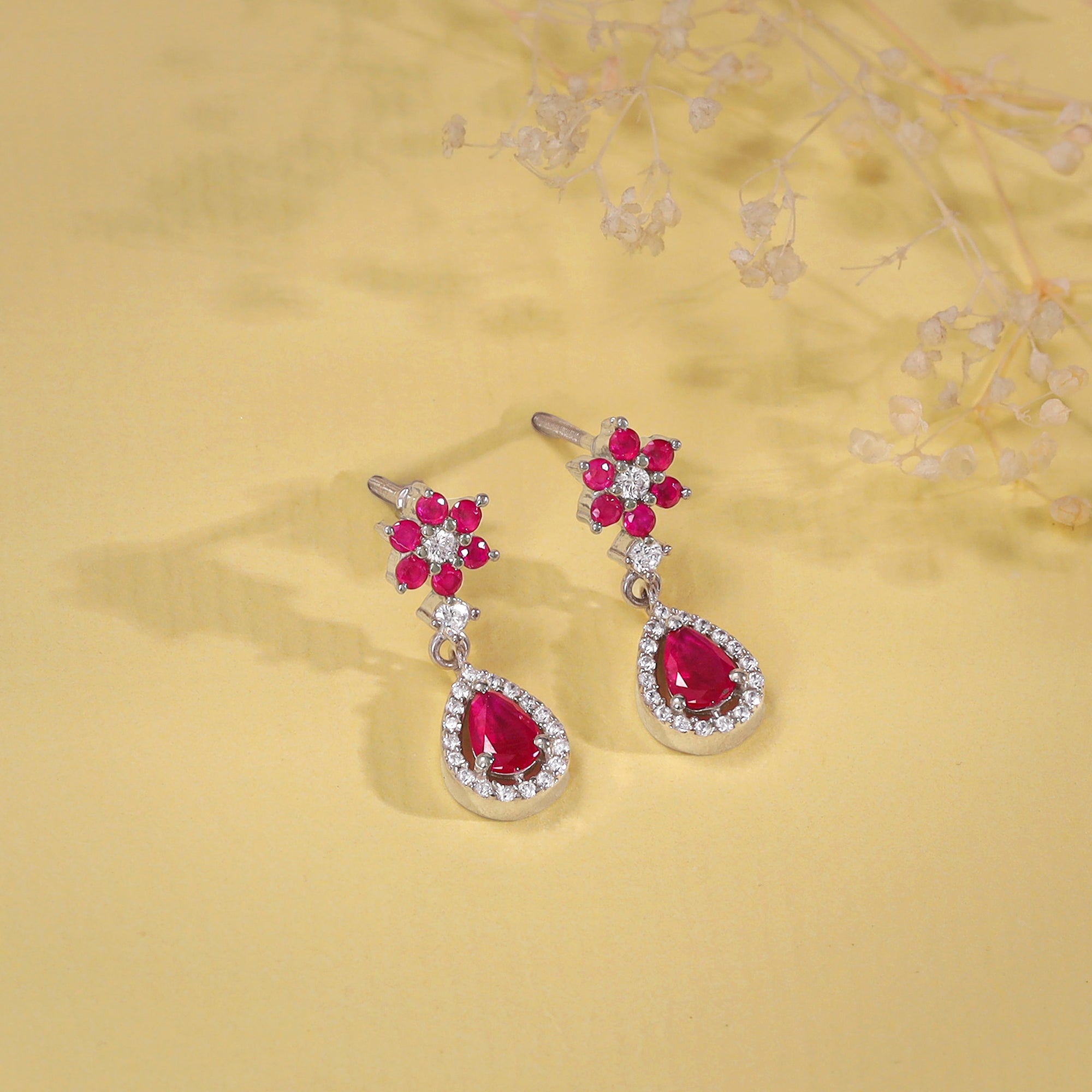 Silver Pink Flower Mini Drop Earrings