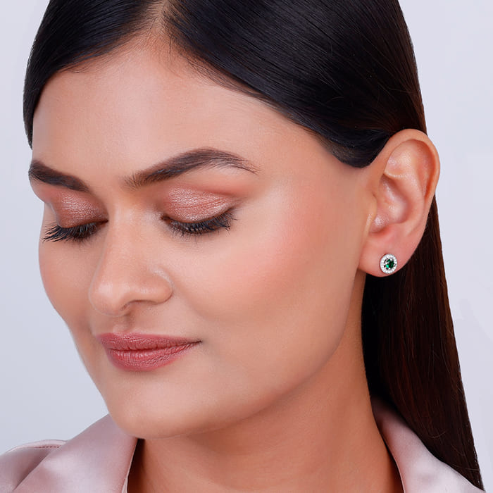 Silver Forest Green Shining Halo Studs