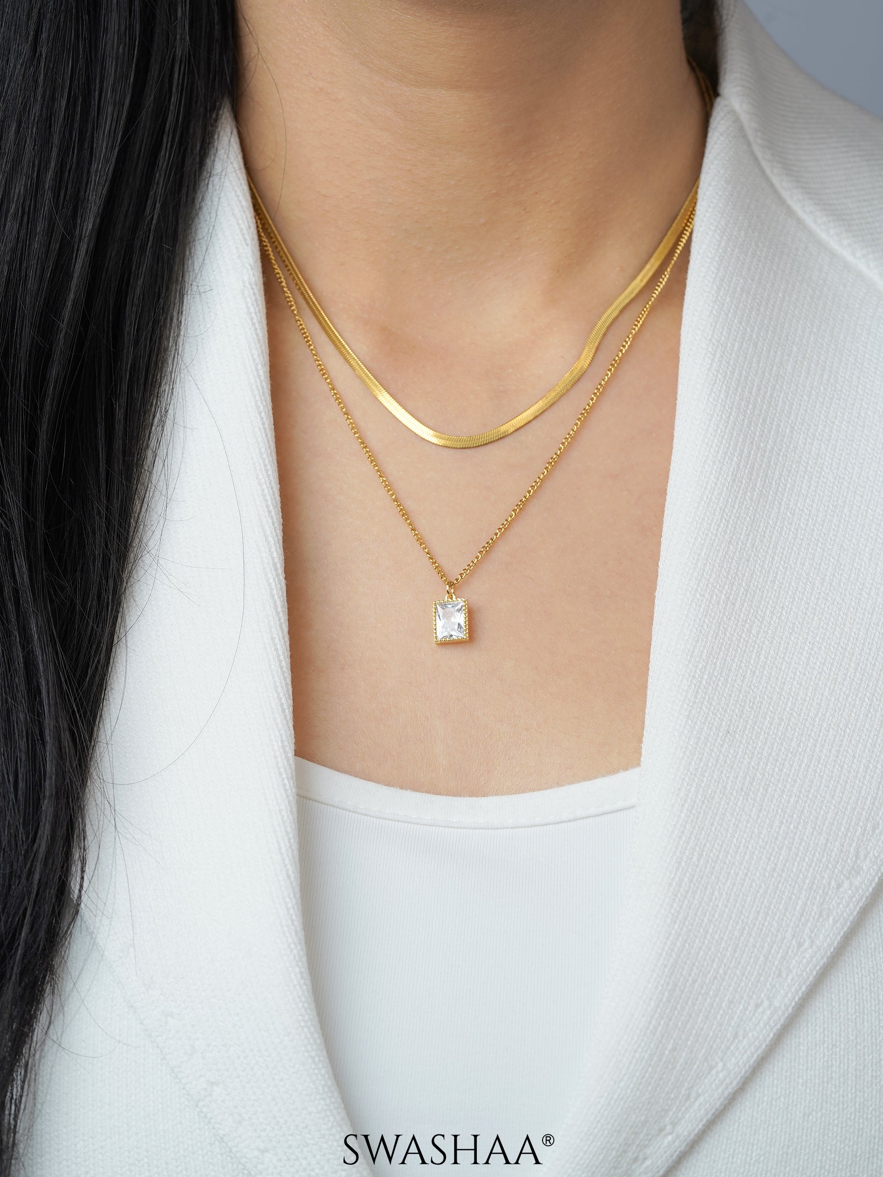 Layered Keri Solitaire 18K Gold Plated Snake Chain Pendant Necklace