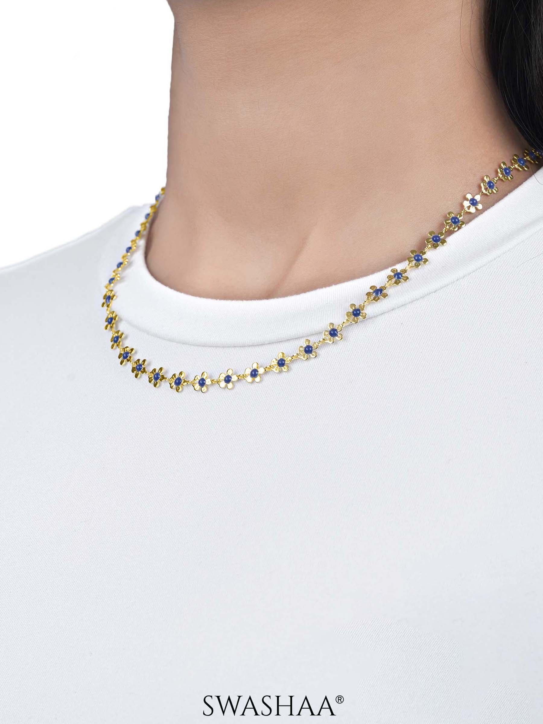 Madona Daisy Flower Blue 14K Gold Plated Chain Necklace