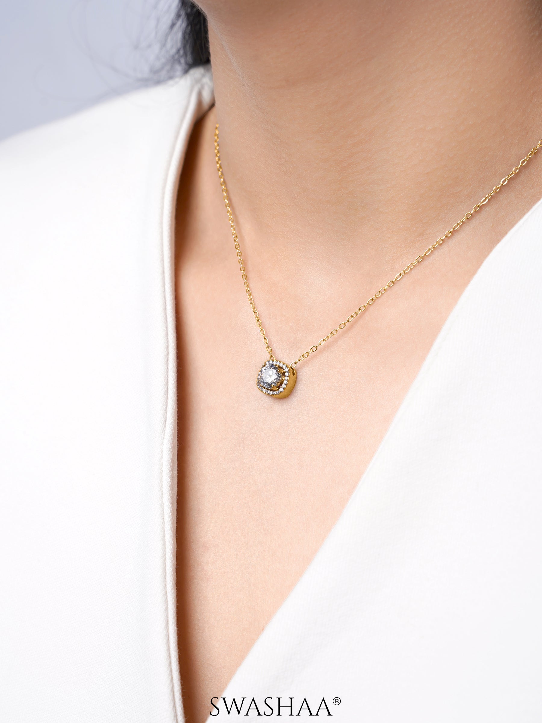 Reine Solitaire Diamond 14K Gold Plated Necklace