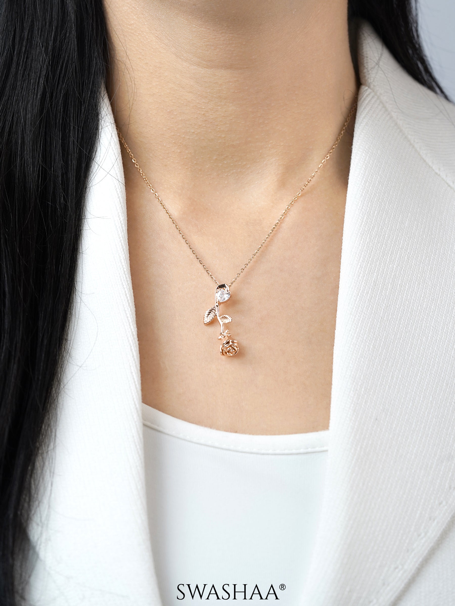 Solitaire Rose Charm Rosegold Plated Chain Pendant Necklace