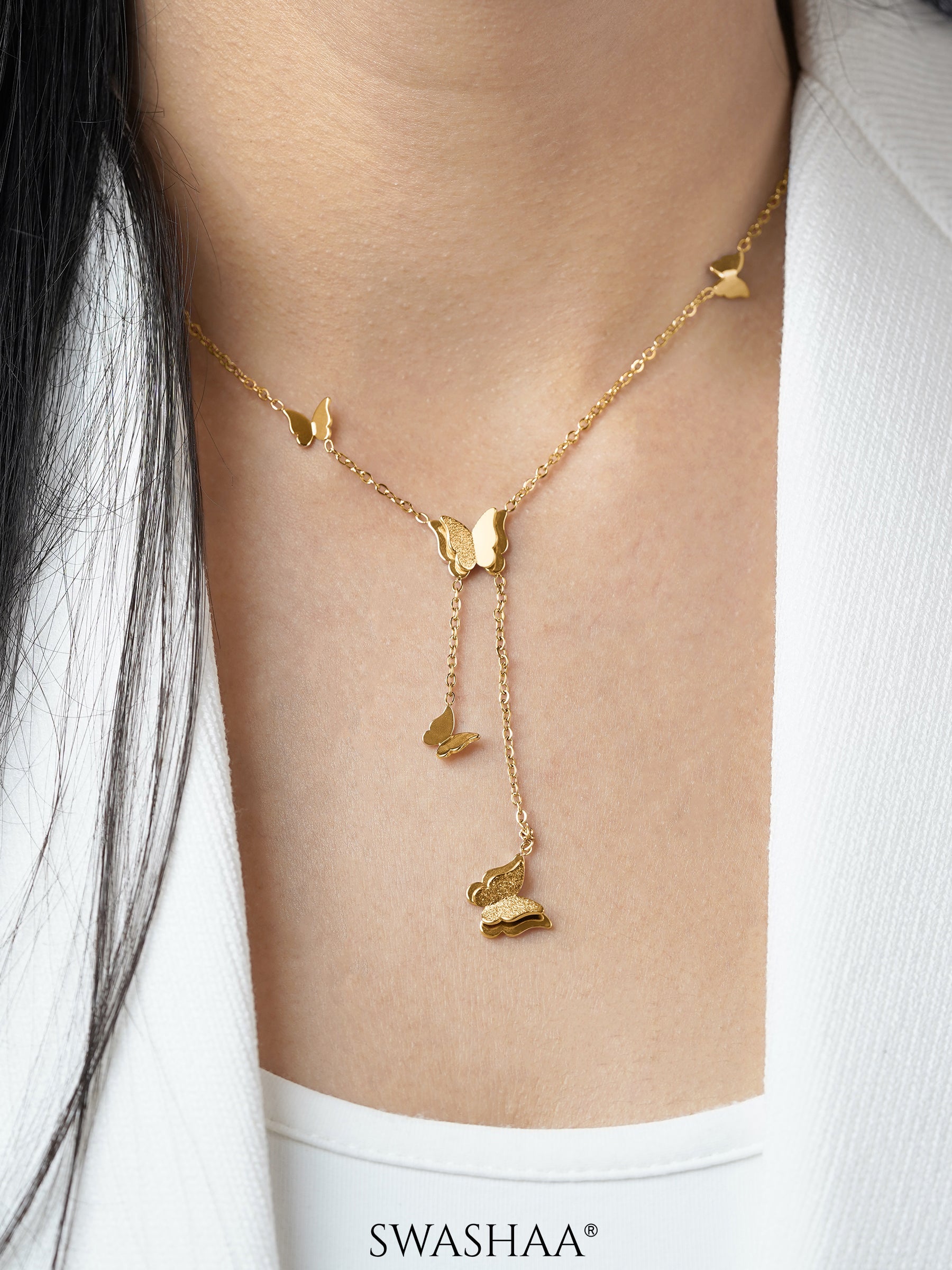 Statement Butterfly Charms 18K Gold Plated Y-shaped Chain Pendant Necklace